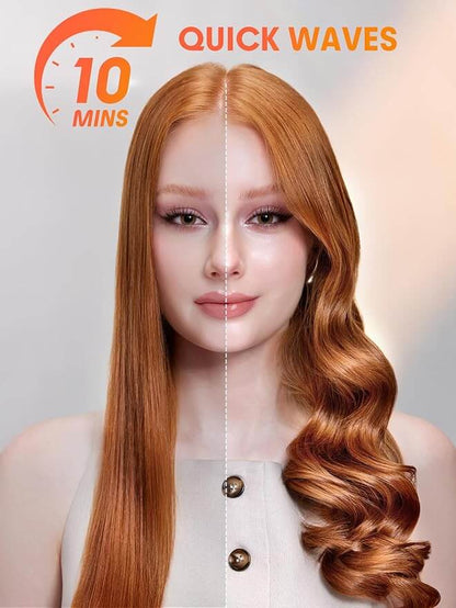 Woman with straight and wavy hair, showing a transformation effect in 10 minutes. automatic curling iron for salon-quality curls