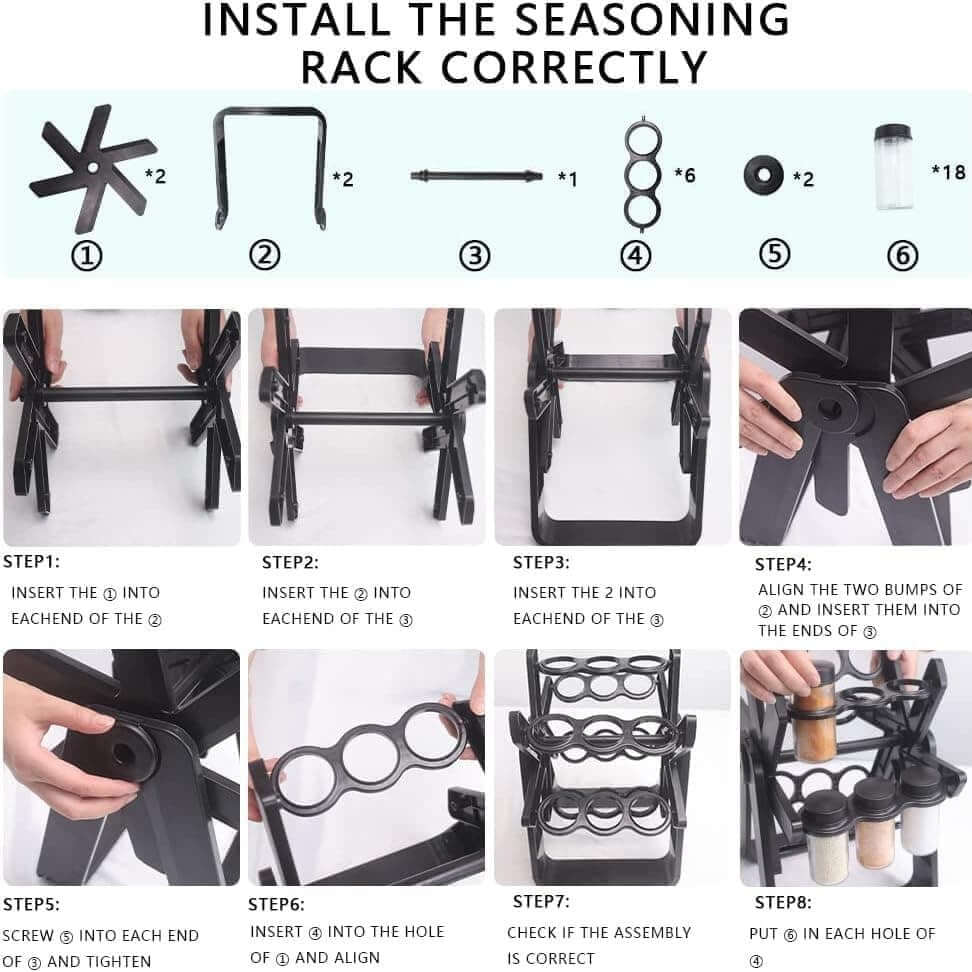 Step-by-step guide on how to install a seasoning rack with labeled parts and assembly instructions. spice rack organizer with jars