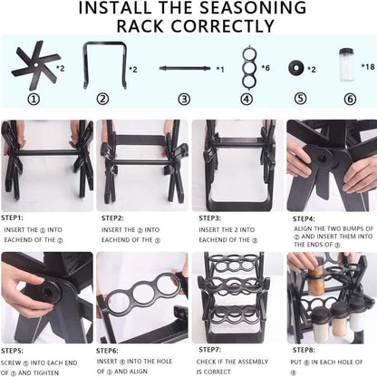 Step-by-step guide on how to install a seasoning rack with labeled parts and assembly instructions. spice rack organizer with jars