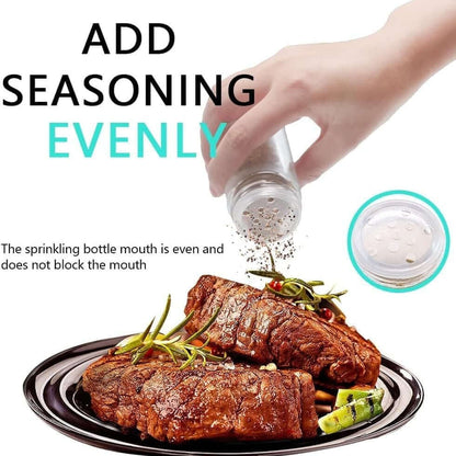 Hand sprinkling seasoning over cooked meat on a plate with text 'Add Seasoning Evenly'. spice rack organizer with jars