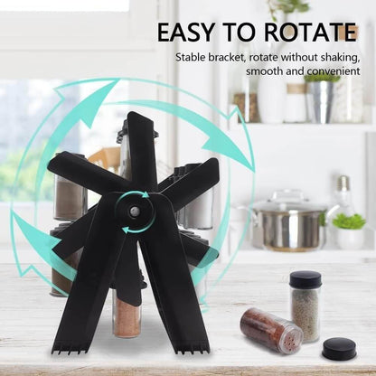 Black stable bracket with rotating feature on a kitchen counter. spice rack organizer with jars