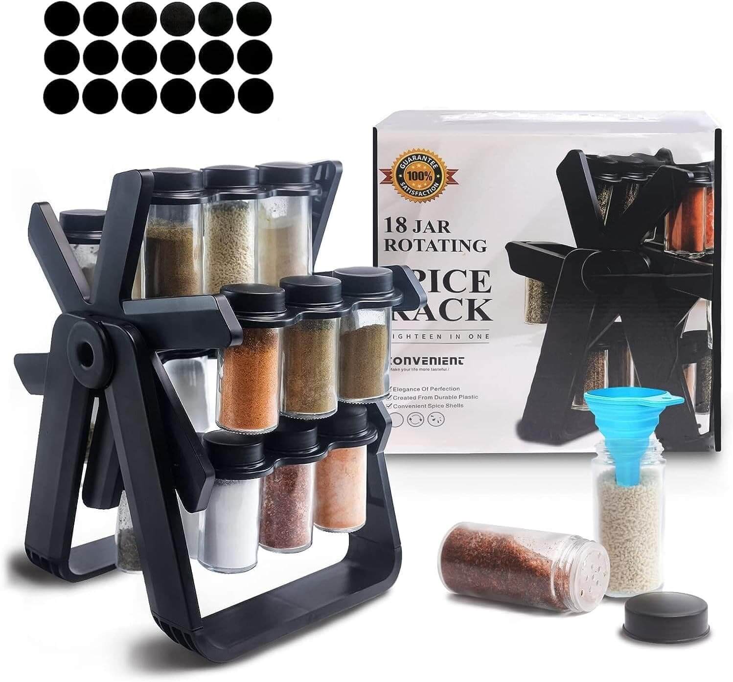 Black 18-jar rotating spice rack set shown with its retail box, loose spice jars, a blue funnel, and a set of black caps on a white background.spice rack organizer with jars
