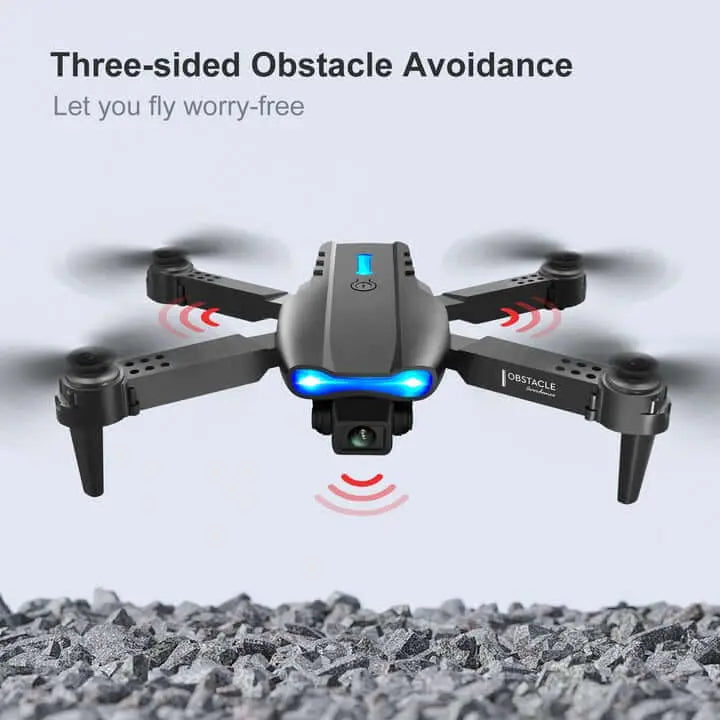 Black drone with propellers, remote control, and smartphone display on a white background