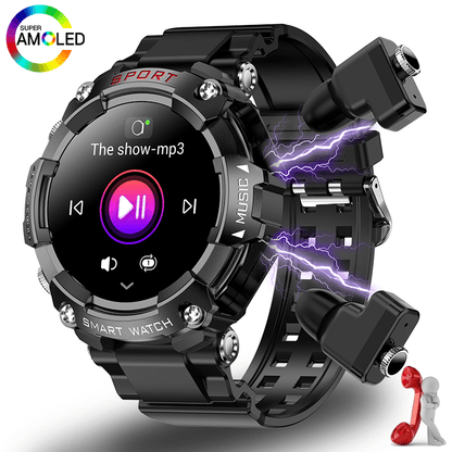 Black smartwatch with music player interface on display, featuring Super AMOLED branding.