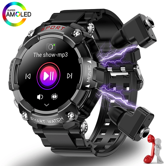 Black smartwatch with music player interface on display, featuring Super AMOLED branding.